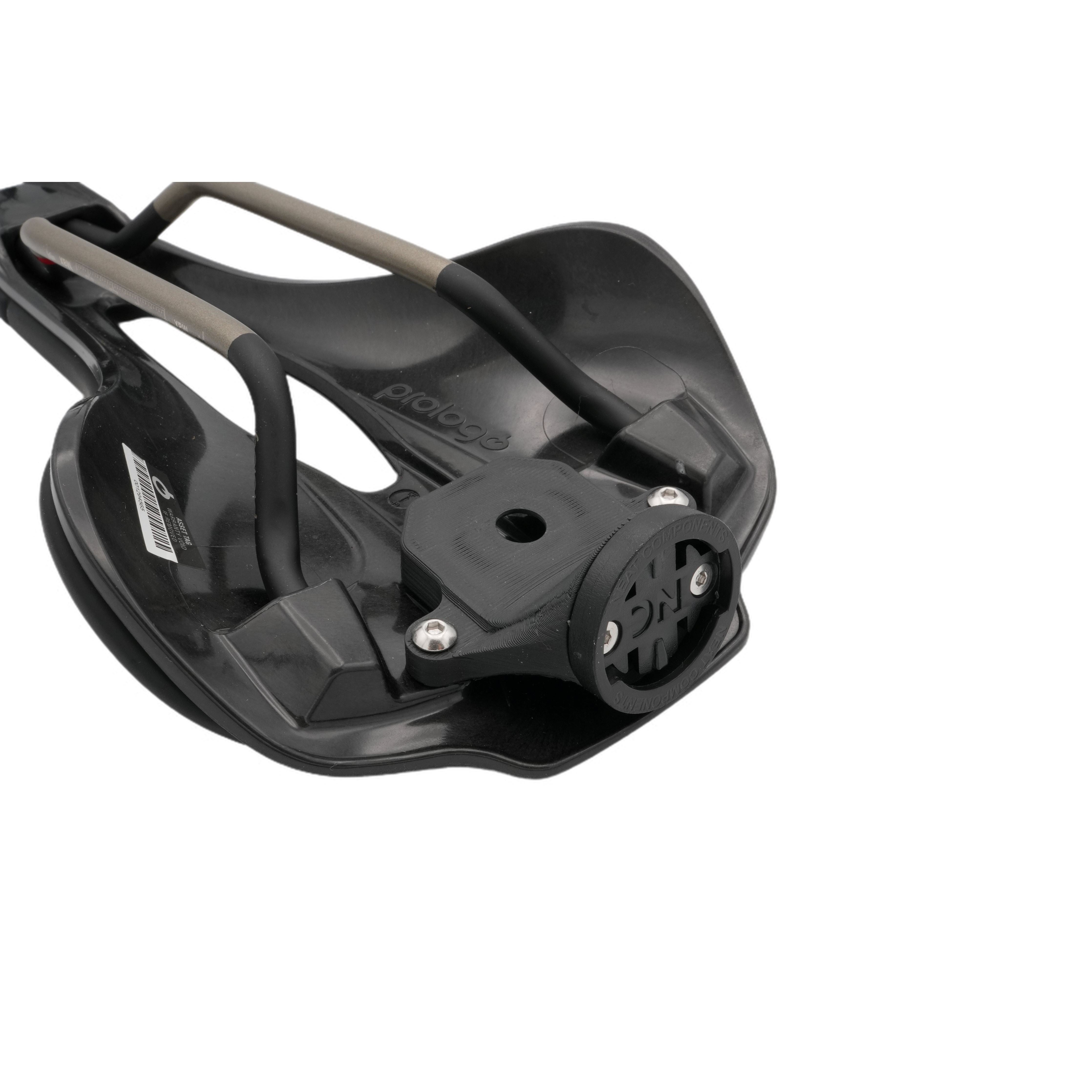 Prologo saddle with mounting holes and saddle mount attached for Garmin Varia and AirTag